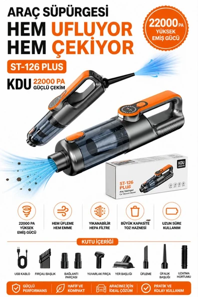 ST-126 Plus 22000Pa Kablosuz Araç Süpürgesi Güçlü Çekim Üflemeli Dijital Ekranlı Işıklı El Süpürgesİ ( Turuncu ) ürün görseli 1