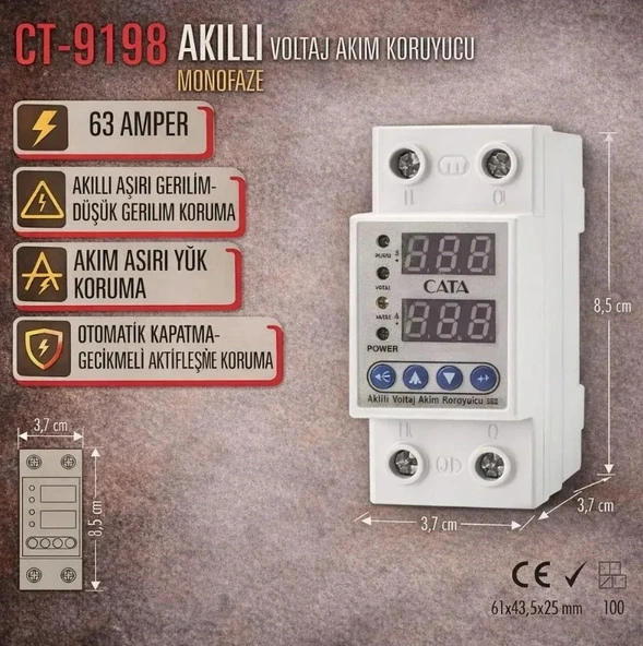CATA 1x63A Monofaze Akıllı Voltaj ve Akım Koruma Rolesi Şebeke Giriş Voltaj Denetleyici 220 Volt 63 Amper ürün görseli 1