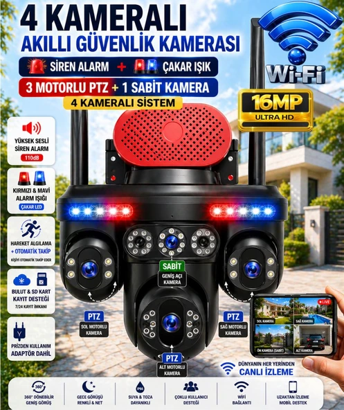 MPIA GORO 4 LENS WiFi 3 PTZ (3 Kamera Motorlu +1 Kamera Sabit) IP66 Gece Görüş Akıllı Güvenlik Kamerası ürün görseli 1
