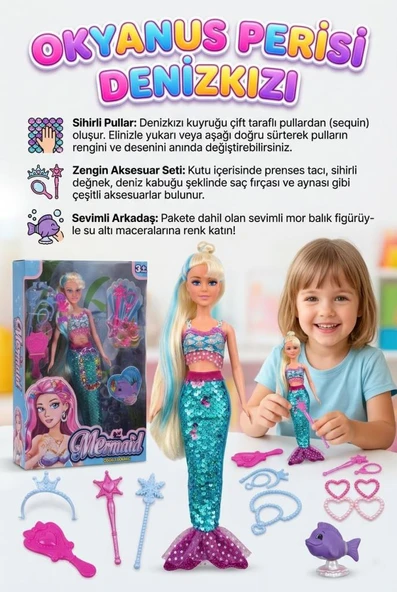 Okyanus Perisi Denizkızı Oyuncak Seti - Pulları Renk Değiştiren Sihirli Kuyruk ve Aksesuarlı Bebek ürün görseli 1
