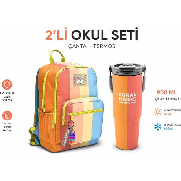 Coral High Renkli Çizgili Dört Bölmeli Sırt Çantası 23680+Çelik Termos 900 ml 38746 ürün görseli 1