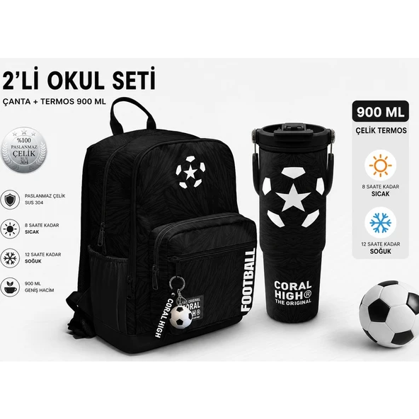 Siyah Futbol Desenli Okul Sırt Çantası 23698+ÇELIK Termos 900 ml 38722 ürün görseli 1