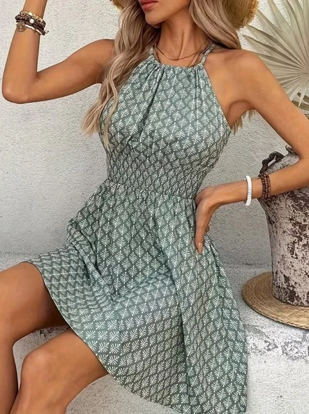 Kadın Omuzlardan Açık Boyun Arkasından Bağcıklı Beli Lastikli Kısa Süprem Elbise ürün görseli 1