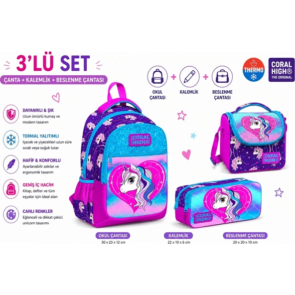 Okul Çantası Mor Pembe 23492+IKI Bölmeli Kalem Çantası 22397+ Beslenme 11856 ürün görseli 1