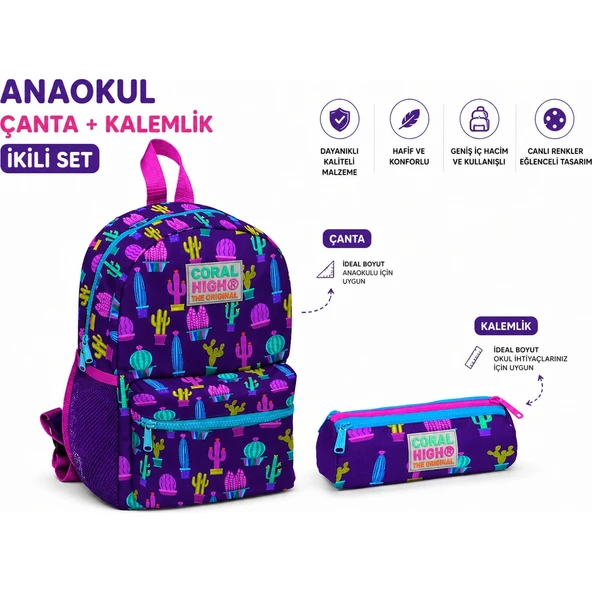 Coral High Kaktüs Baskılı Anaokulu Çantası 23337+ Üç Bölmeli Kalemlik 22313 ürün görseli 1