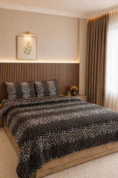 Leopar Desenli Lastikli Çarşaflı Çift Kişilik Nevresim Takımı ürün görseli 1