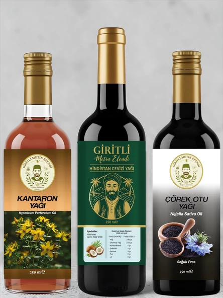 Giritli Metin Efendi Doğal Yağ Seti 3 x 250 ml - Kantaron Yağı, Hindistan Cevizi Yağı, Çörek Otu Yağı ürün görseli 1