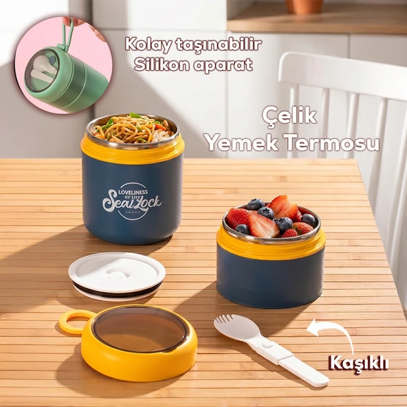 Porsima 5325 Çelik Yemek Termosu Lunch Box Taşınabilir Yemek Kabı Termos 200+650 mL ürün görseli 1