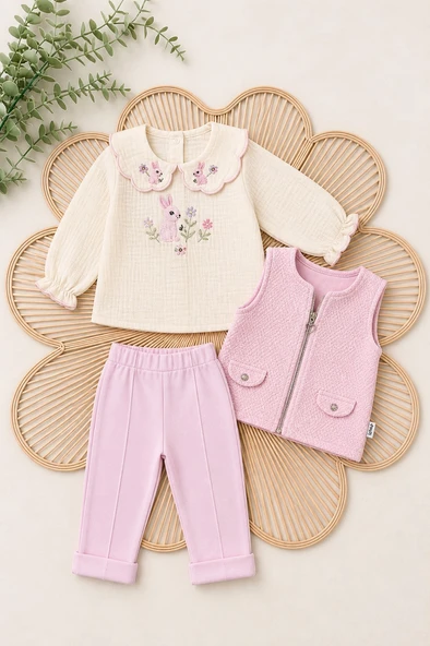 Tavşan Desenli Yelekli Kız Bebek Takım 3lü Set ürün görseli 1
