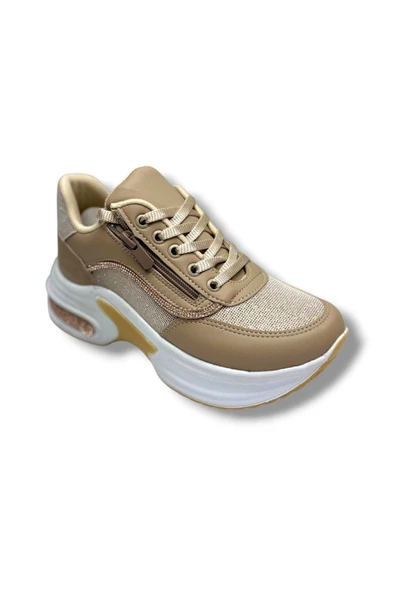 Modalendo 1511-26 Cilt Deri Simli Şeritli Anatomik Bağcıklı Kadın Sneaker Bej Beyaz ürün görseli 1