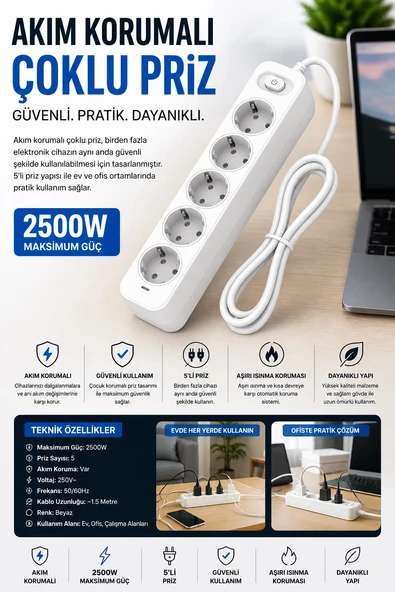 Akım Korumalı 5’li Çoklu Priz 2500W Güçlü Uzun Kablolu Güvenli Kullanım ürün görseli 1