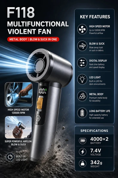 Multifonksiyonel Hava Üfleyici 130.000 RPM | Çift Bataryalı Güçlü Mini Blower & Vakum ürün görseli 1