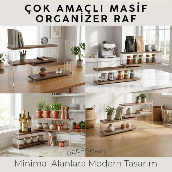 Çok Katlı Mutfak Rafı, Akrilik, Ahşap Organizer, Baharatlık, Yağlık Standı, Tezgah Üstü Düzenleyici Raf ürün görseli 1