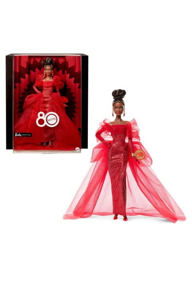80. Doğum Günü Doll Simli Kırmızı Tül Elbise İkonik Koleksiyon Bebek, Kahverengi JBJ18 ürün görseli 1