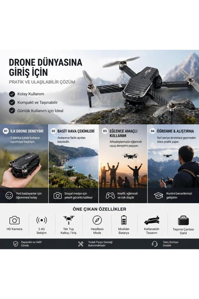 Aerial Drone Katlanabilir HD Kamera WiFi FPV  2.4GHz Kontrol Tek Tuş Kalkış/İniş Headless Mode Taşıma Çantalı Drone ürün görseli 1