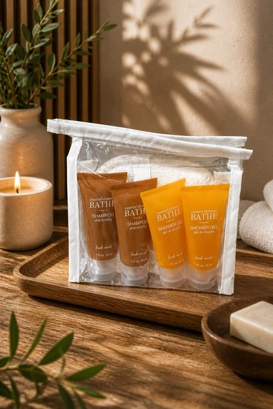 Şeffaf Çantalı 7 Li Banyo & Seyahat Seti – Oval Kabak Lif + 2 Sabun (42 gr) + 2 Şampuan (30 ml) + 2 Duş Jeli (30 ml) ürün görseli 1