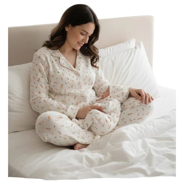 HAVUÇ DESEN ANNE BEBEK LOHUSA PİJAMA SET TAKIM 3 Ay ürün görseli 1