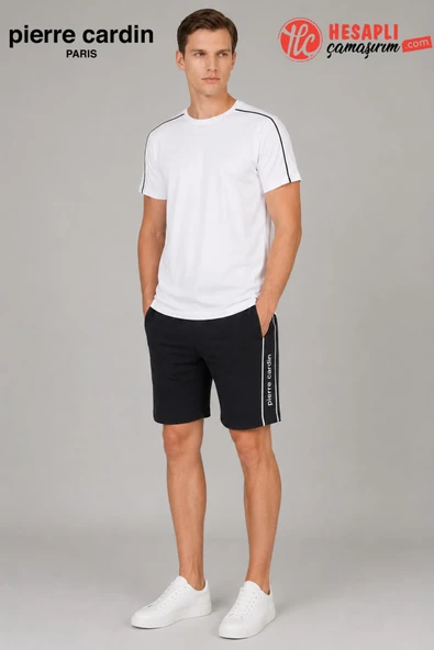 Pierre Cardin Premium Erkek Çizgili Pamuklu Rahat Kalıp Kısa Kollu Şortlu Pijama Takım Çorap Hediye ürün görseli 1