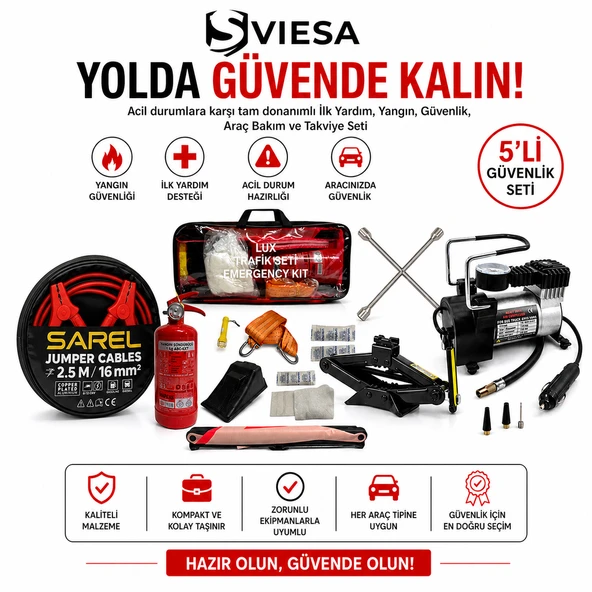 5’li Araç Acil Durum Seti Kriko Takviye Kablosu Kompresör Bijon Anahtarı Trafik Seti Yangın Tüpü ürün görseli 1