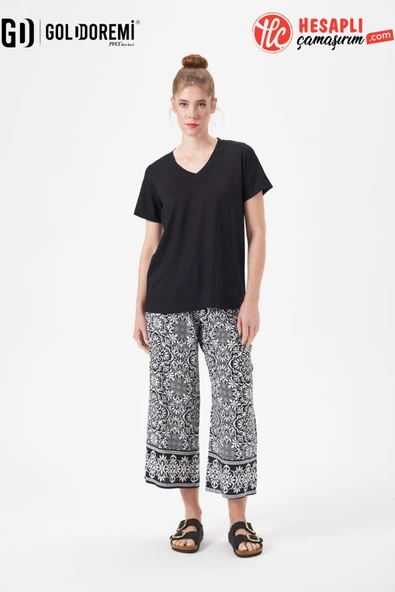 Gd Goldoremi 29063 Premium Kadın V Yaka Rahat Kalıp Desenli Bol Paça Kısa Kollu Pijama Takım ürün görseli 1