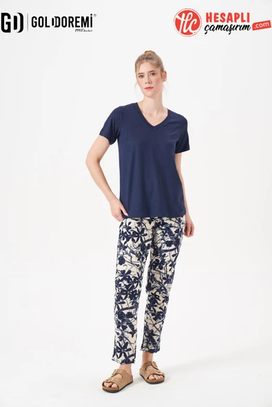 Gd Goldoremi 29160 Premium Kadın V Yaka Yazlık Rahat Kesim Kısa Kollu Pijama Takım ürün görseli 1