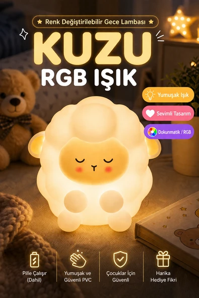 Kuzu RGB Gece Lambası Dokunmatik Silikon Led Çocuk Odası Işık 10 cm Renk Değiştirilebilir ürün görseli 1