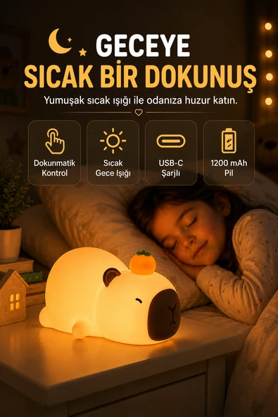 Capybara Gece Lambası Dokunmatik USB Şarjlı Yumuşak Silikon Çocuk Odası Uyku Işığı ürün görseli 1