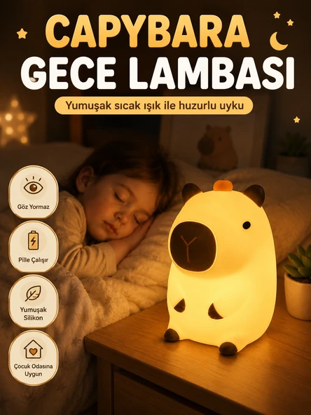 Capybara Gece Lambası Pilli Yumuşak Silikon Çocuk Odası Uyku Lambası Dekoratif Işık ürün görseli 1