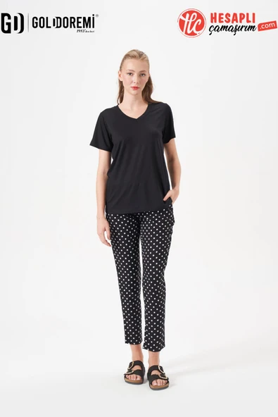 Gd Goldoremi 29149 Premium Kadın V Yaka Rahat Kesim Puantiyeli Kısa Kollu Pijama Takım ürün görseli 1