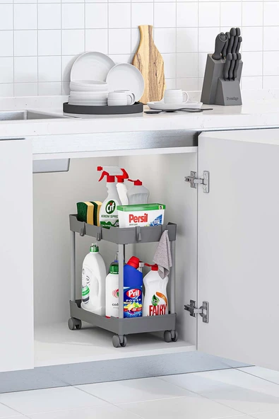 Gri 2 Katlı Tekerlekli Düzenleyici Mutfak ve Banyo Rafı ürün görseli 1