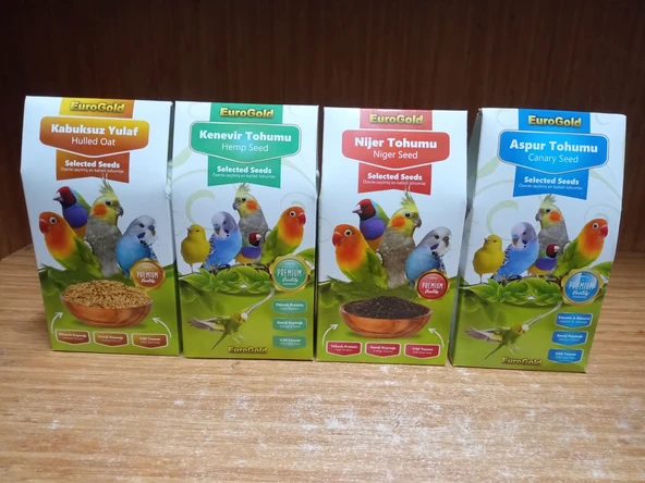EUROGOLD NİJER TOHUMU 100 GR+KENEVİR KUŞ YEM KATKISI 100 GR+ASPUR TOHUMU 150 GR+KABUKSUZ YULAF TOHUMU 150 GRAM ürün görseli 1