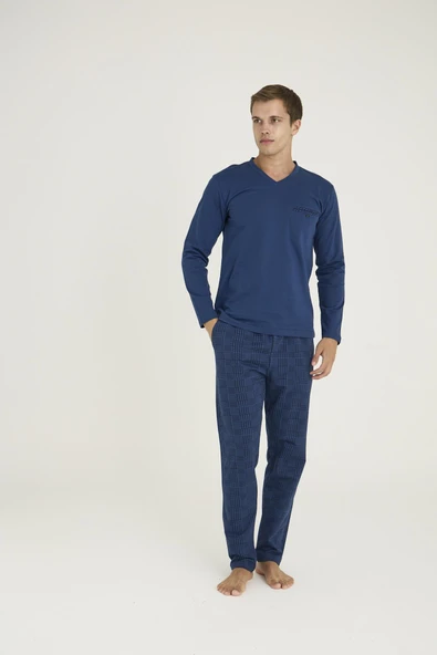 Kly Premium Erkek V Yaka Cepli %100 Pamuklu 4 Mevsim Kumaş Uzun Kollu Rahat Kalıp Pijama Takım ürün görseli 1
