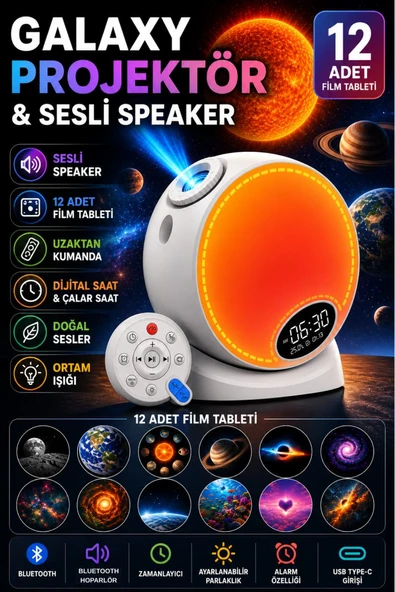 Galaxy Projektör Yıldız Gece Lambası RGB Bluetooth Hoparlörlü Döner Uzay Projeksiyon Alarm Özellikli ürün görseli 1