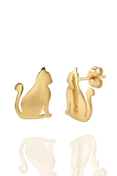 Minimalist Altın Rengi Kedi Figürlü Çivi Küpe ürün görseli 1