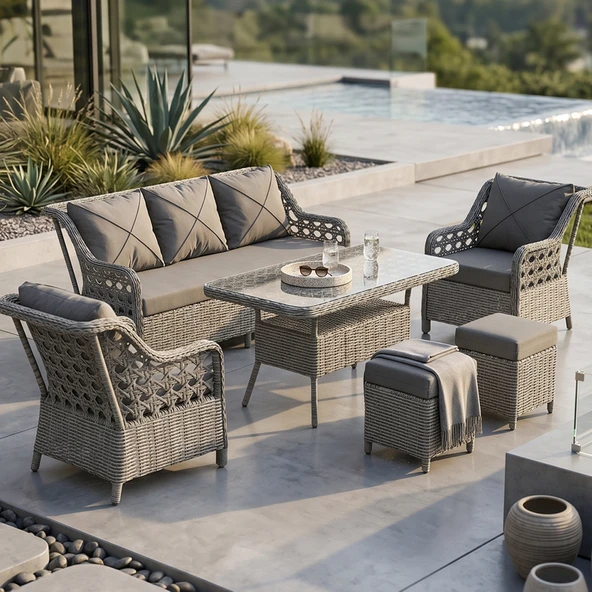 Anemon Serisi 1. Sınf 3+1+1+2 Puf Beyaz Rattan Antrasit Minder Bahçe Takımı, Balkon Takımı ürün görseli 1