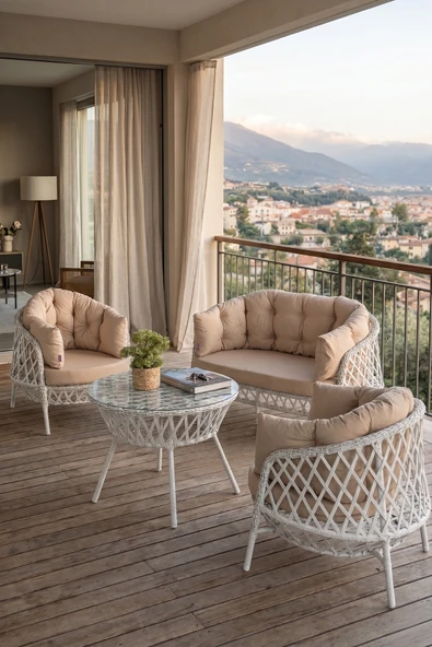 Viola Serisi 1. Sınıf 2+1+1 Beyaz Rattan Cappucino Minder Bahçe Takımı, Balkon Takımı ürün görseli 1