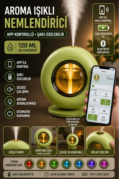 Ultrasonik Hava Nemlendirici Aroma Difüzör 120ml USB ve Pilli Çalışan Uygulama Kontrolü Zaman Ayarlı ( Yeşil ) ürün görseli 1