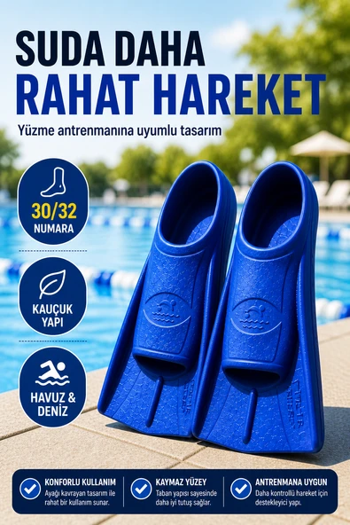 Mavi 30-32 Numara Yüzme Paleti Kauçuk Kısa Palet Havuz Deniz Antrenman Erkek Unisex Ayak ürün görseli 1