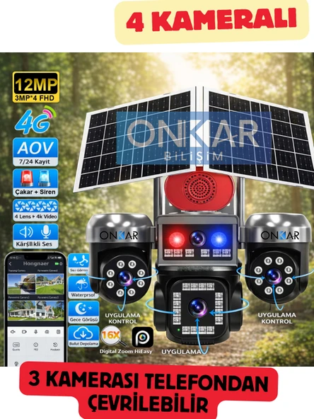 4 KAMERALI 3 PTZ'Lİ 12MP SİM KARTLI ESİM GÜNEŞ ENERJİLİ GÜVENLİK KAMERASI ürün görseli 1