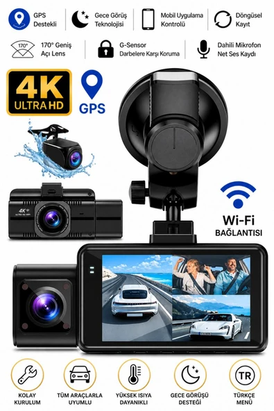 4K Araç Kamerası 3 Kameralı Ön-Arka - İç WiFi GPS Park Modu Gece Görüşlü Araç içi Kamera F6 Dash Cam ürün görseli 1