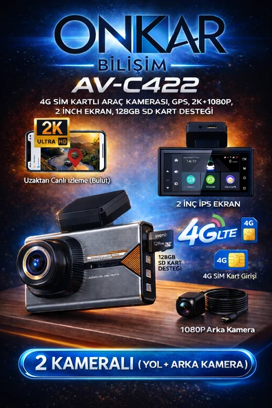 AVENİR AV-C422 4G Sim Kartlı 2K 2 Kameralı GPS'li Araç Kamerası ürün görseli 1