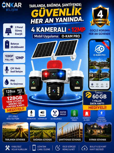 OKAM PRO PREMİUM 4G-336 4 KAMERALI 7/24 KAYIT SİM KARTLI GÜNEŞ ENERJİLİ GÜVENLİK KAMERASI ürün görseli 1