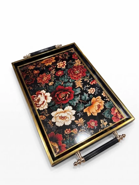 Dijital Baskılı Cam Servis Tepsisi – Efsun Motifli, Metal Kulplu 46x28 cm ürün görseli 1