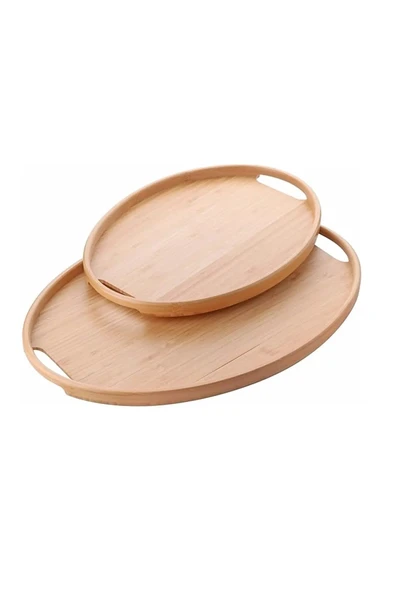 Bambu Tepsi Seti, İkil Çay Kahve Sunum Tepsi, Elips Tepsi, 2 Parça, 36x26 & 45x32 cm ürün görseli 1