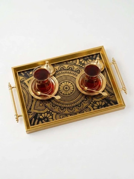 Dijital Baskılı Cam Servis Tepsisi – İhtişam Motifli, Metal Kulplu 46x28 cm ürün görseli 1