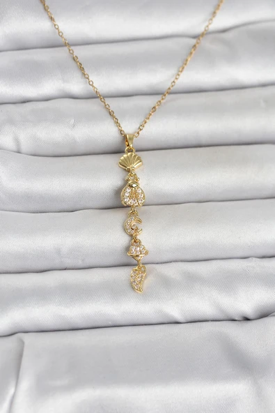 Periboia 316L Çelik Gold Renk Deniz Temalı Y Model Zirkon Taşlı Kadın Kolye - TJ-BKO11051 ürün görseli 1