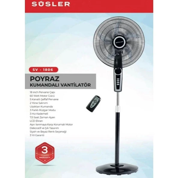Süsler SV-1806R Poyraz Uzaktan Kumandalı Vantilatör ürün görseli 1