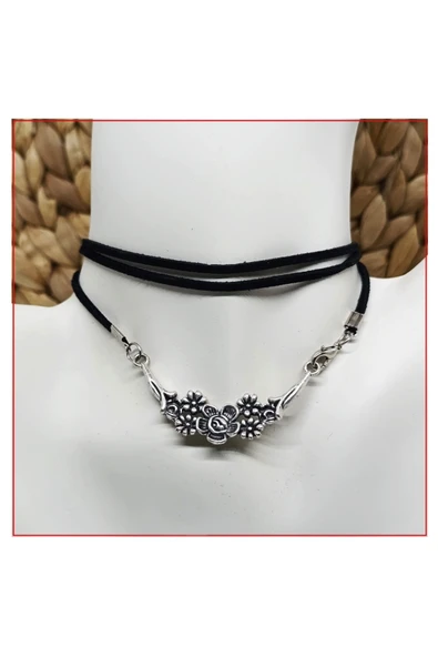 Süet - Antik Gümüş Kadın Choker - Resim 2