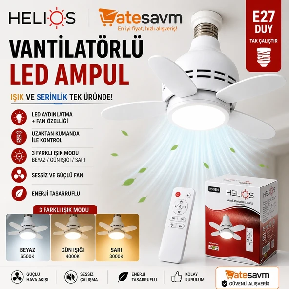 Helios Vantilatörlü LED Ampul E27 Duy Uzaktan Kumandalı 3 Modlu Fanlı Lamba ürün görseli 1
