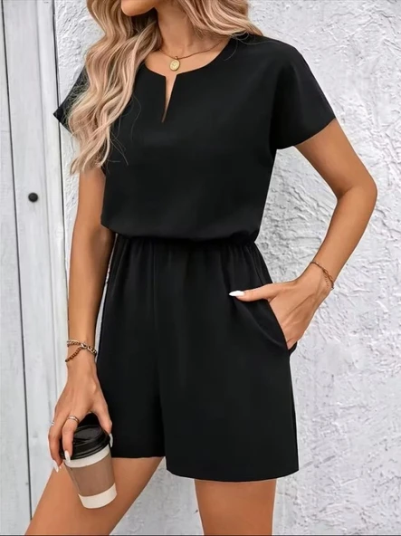 Kadın Kısa Kollu V Yakalı Beli Lastikli Kısa Ithal Krep Tulum ürün görseli 1